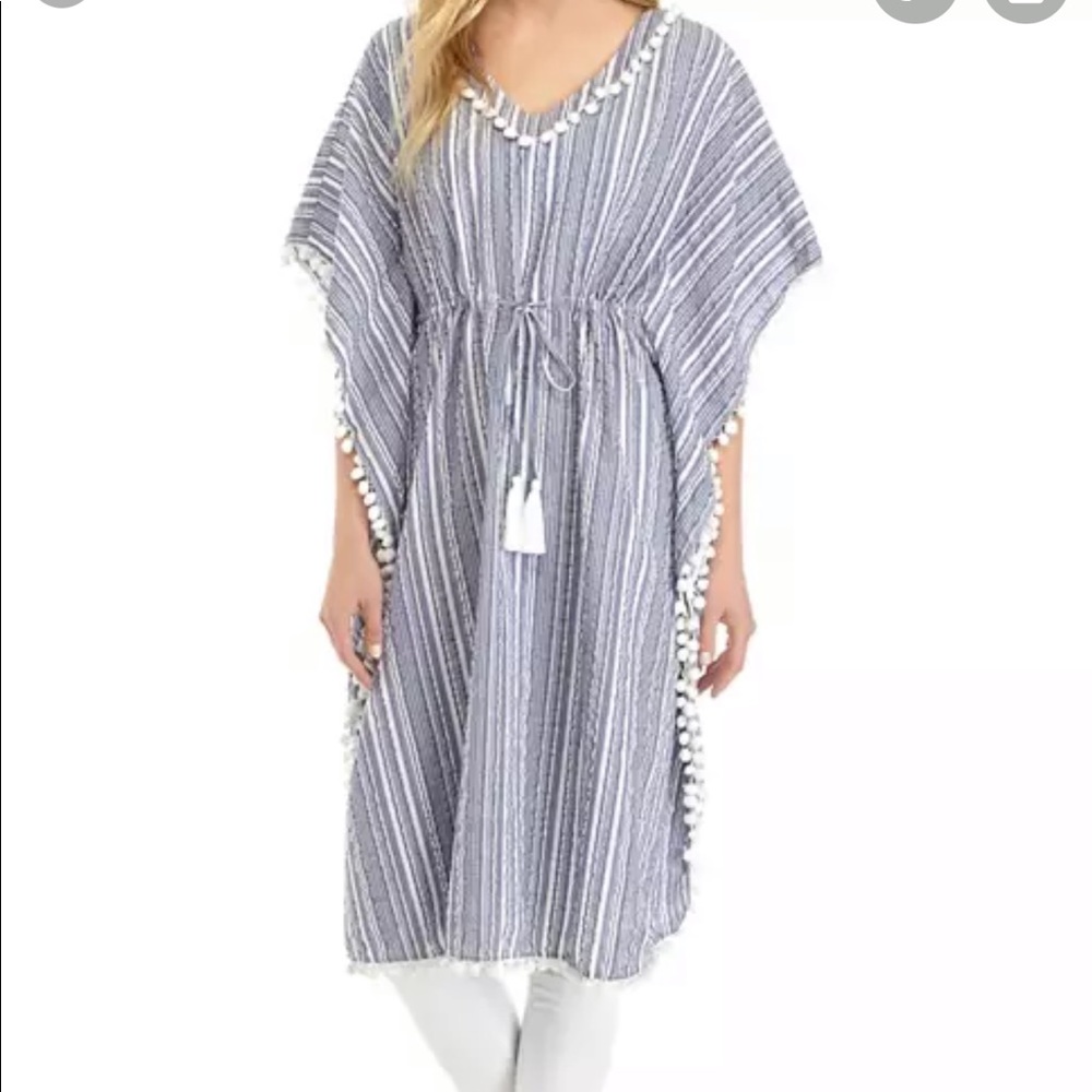 crown & ivy Striped Gray Pom-Pom Swim Coverup